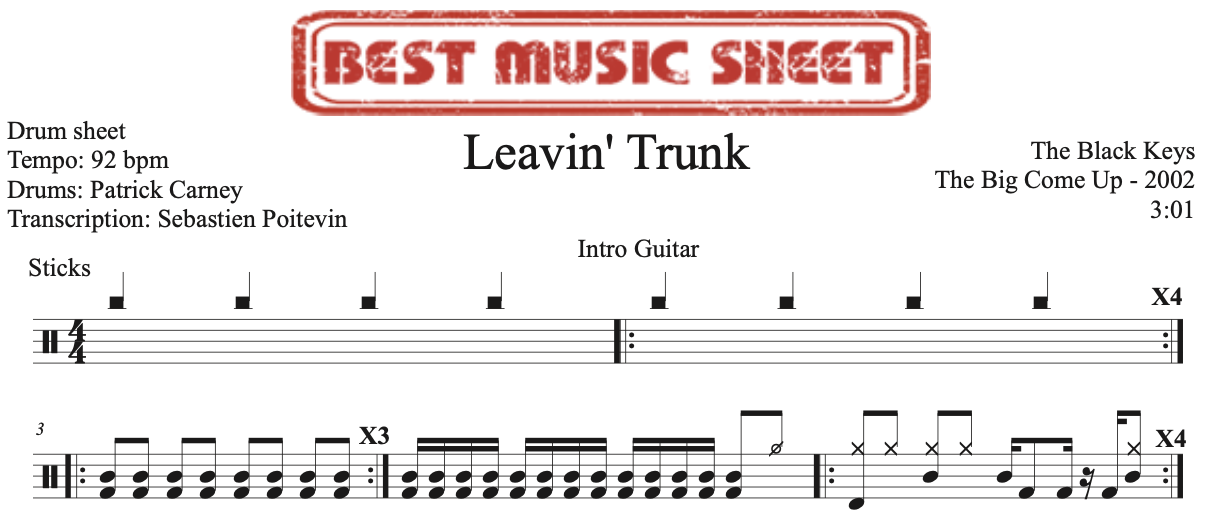 Sample drum sheet of Leavin’ Trunk by The Black Keys