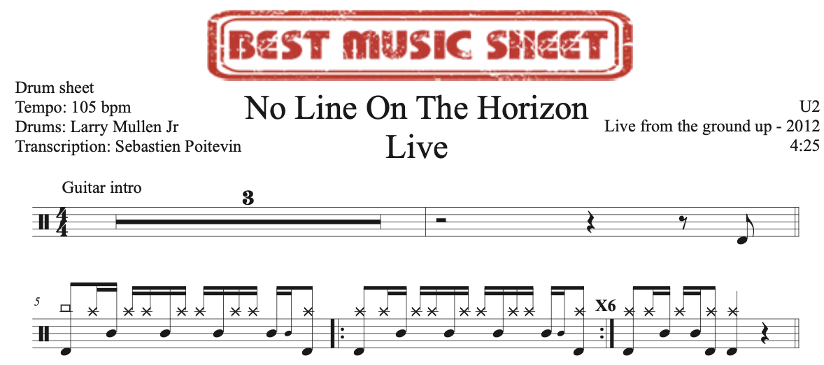 Sample drum sheet of No Line On The Horizon by U2