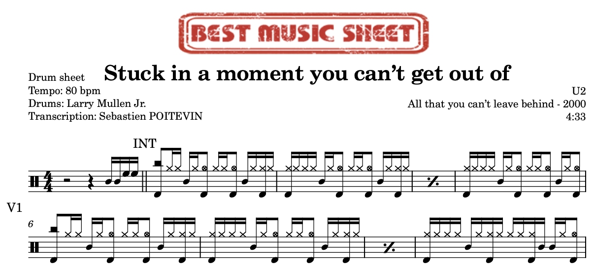 Sample drum sheet of Stuck in a moment you can’t get out of by U2
