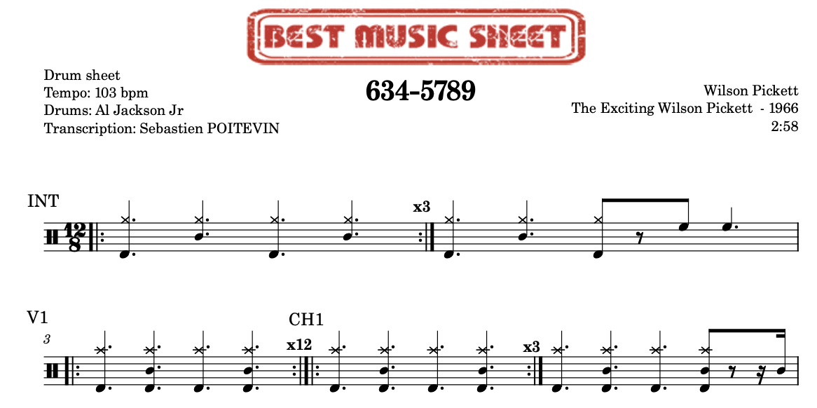 Sample drum sheet of 634-5789 by Wilson Pickett