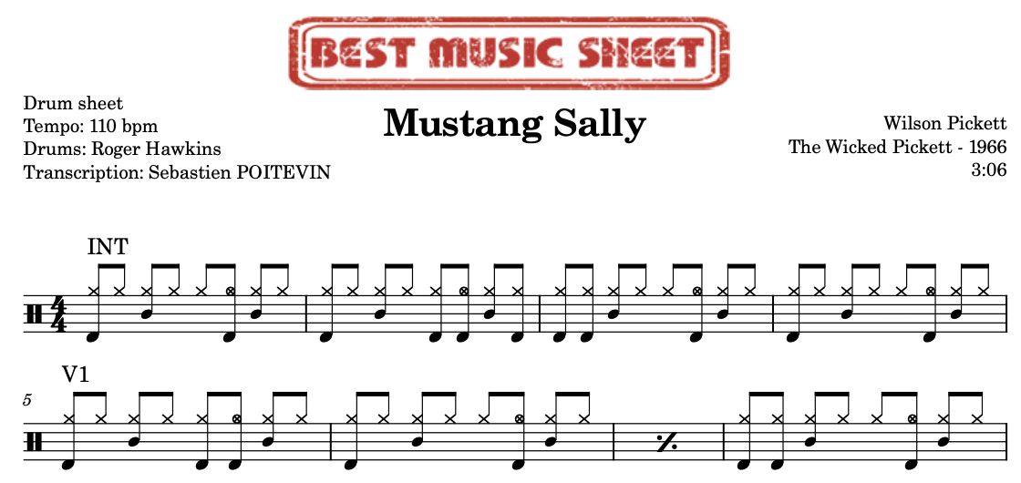Sample drum sheet of Mustang Sally by Wilson Pickett