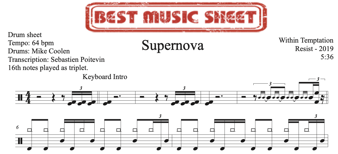 Sample drum sheet of Supernova by Within Temptation