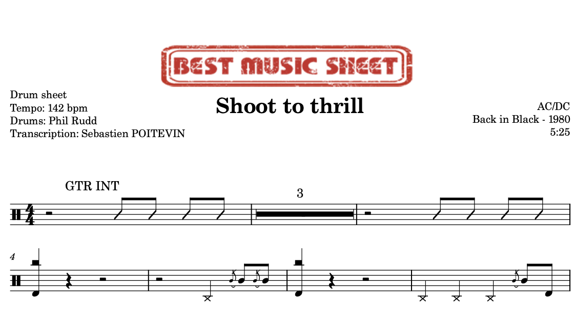 Sample drum sheet of Shoot to Thrill by AC/DC