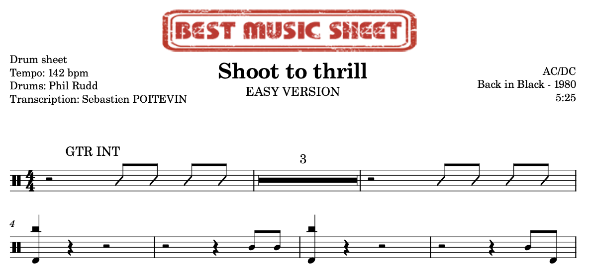 Sample drum sheet easy of Shoot to Thrill by AC/DC