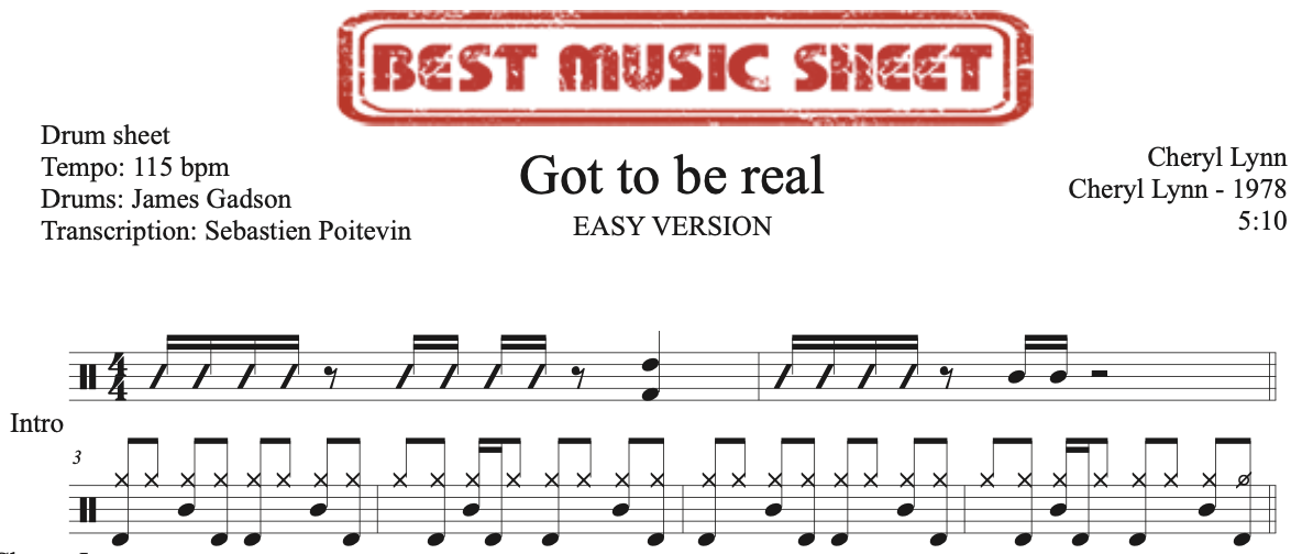 Sample drum sheet easy of Got To Be Real by Cheryl Lynn
