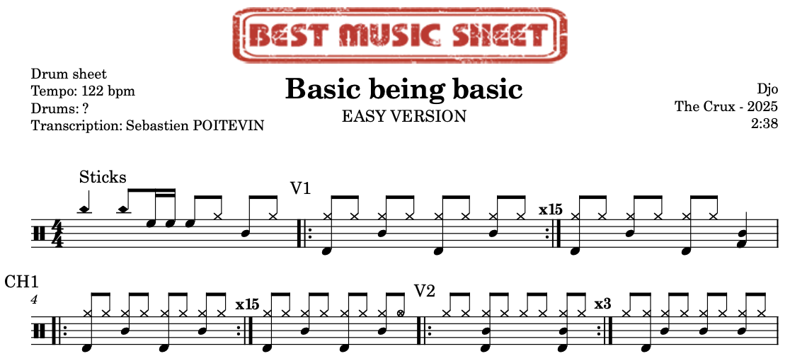 Sample drum sheet easy of Basic Being Basic by Djo