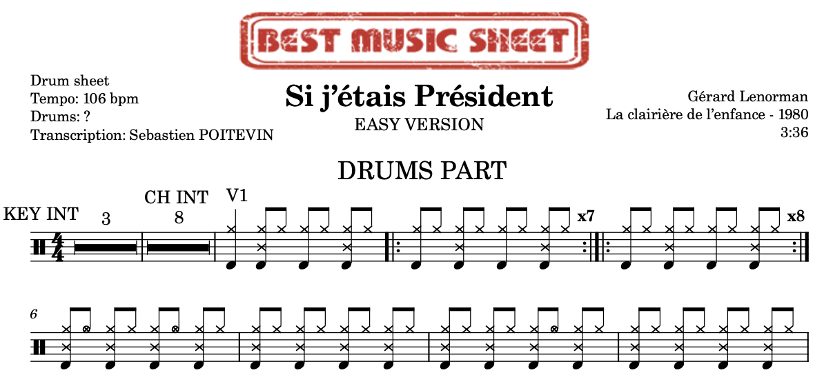 Sample drum sheet easy of Si j’étais Président by Gérard Lenorman