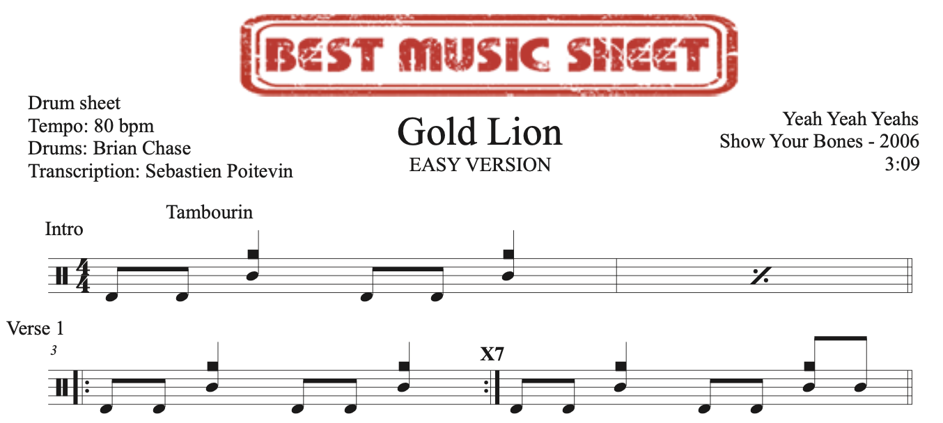 Sample drum sheet easy of Gold Lion by Yeah Yeah Yeahs