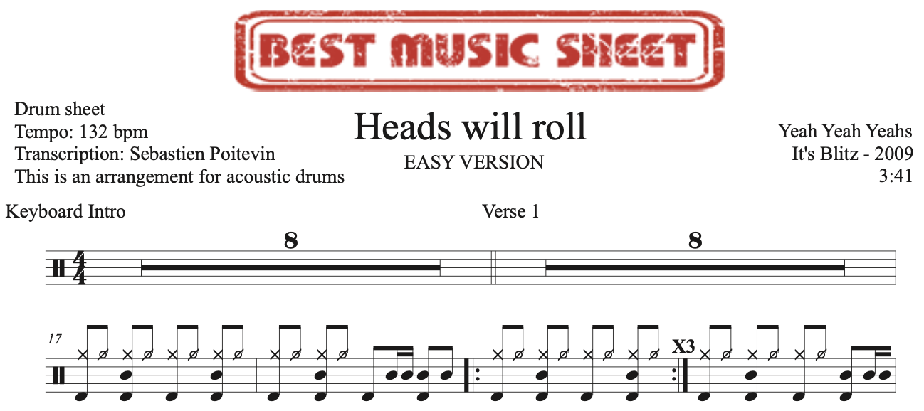 Sample drum sheet easy of Heads Will Roll by Yeah Yeah Yeahs