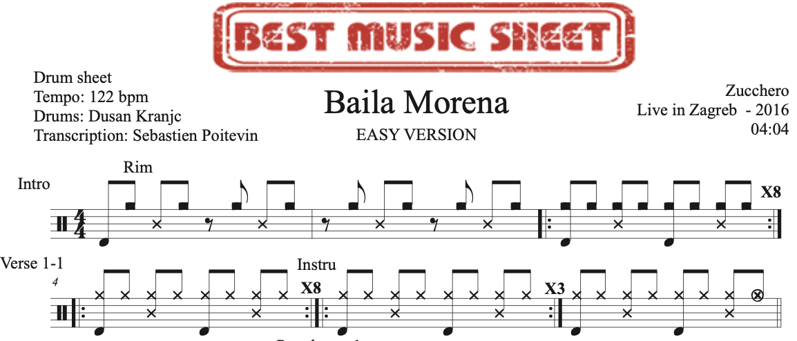 Sample drum sheet easy of Baila Morena by Zucchero