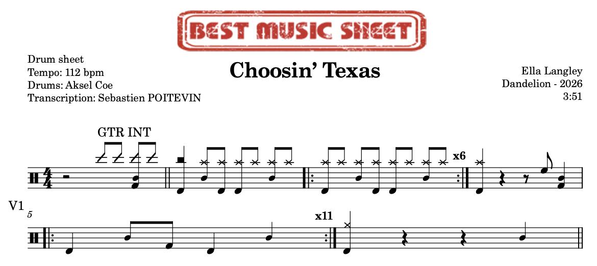 Sample drum sheet of Choosin’ Texas by Ella Langley
