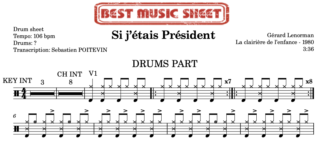 Sample drum sheet of Si j’étais Président by Gérard Lenorman