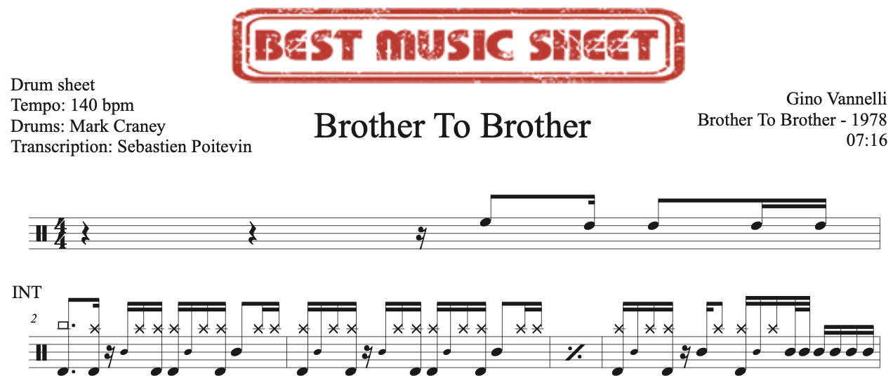 Sample drum sheet of Brother To Brother by Gino Vannelli