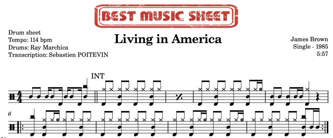 Sample drum sheet of Living in America by James Brown