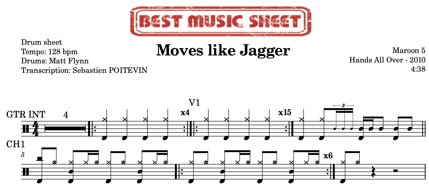 Sample drum sheet of Moves like Jagger by Maroon 5