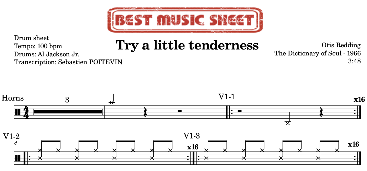 Sample drum sheet of Try a little tenderness by Otis Redding