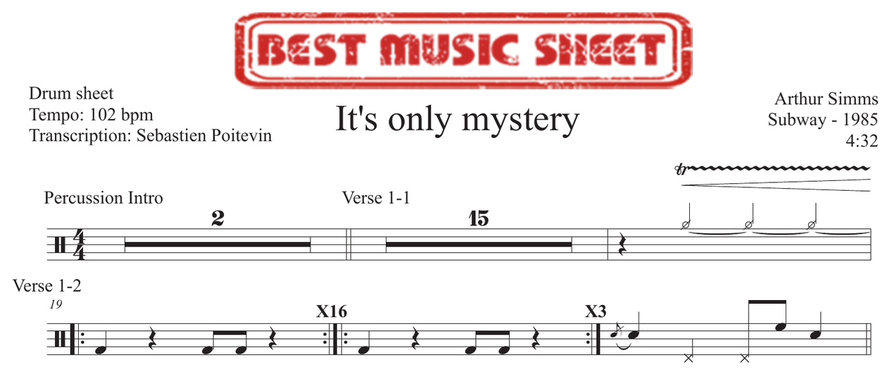 Sample drum sheet EN of It's Only Mystery by Arthur Simms