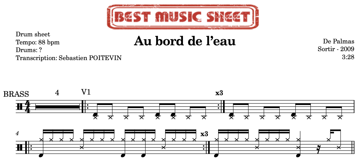 Sample drum sheet of Au bord de l’eau by De Palmas