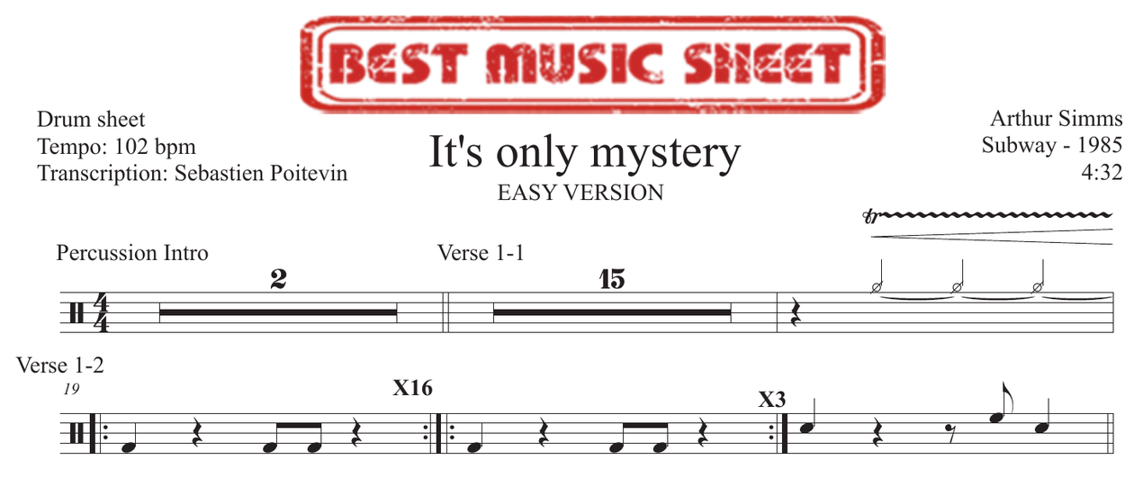 Sample drum sheet easy EN of It’s Only Mystery by Arthur Simms