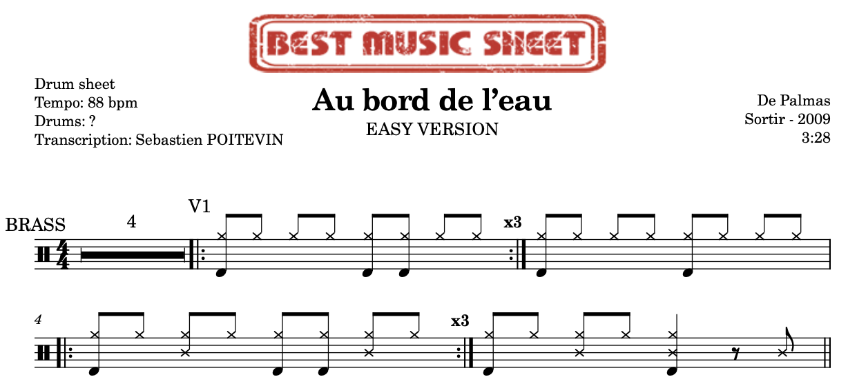 Sample drum sheet easy of Au bord de l’eau by De Palmas