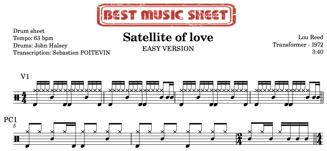 Sample drum sheet easy of Satellite of Love by Lou Reed