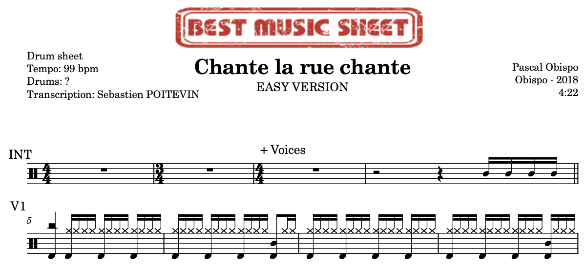 Sample drum sheet easy of Chante la rue chante by Pascal Obispo