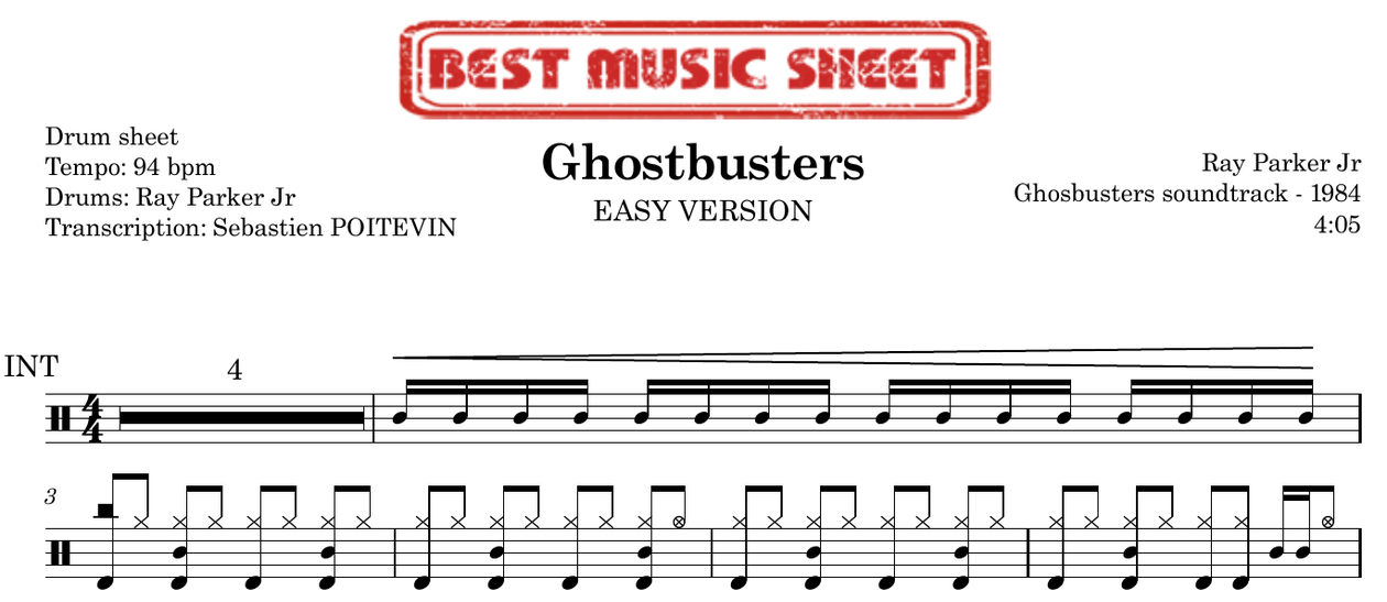 Sample drum sheet easy FR of Ghostbusters by Ray Parker Jr