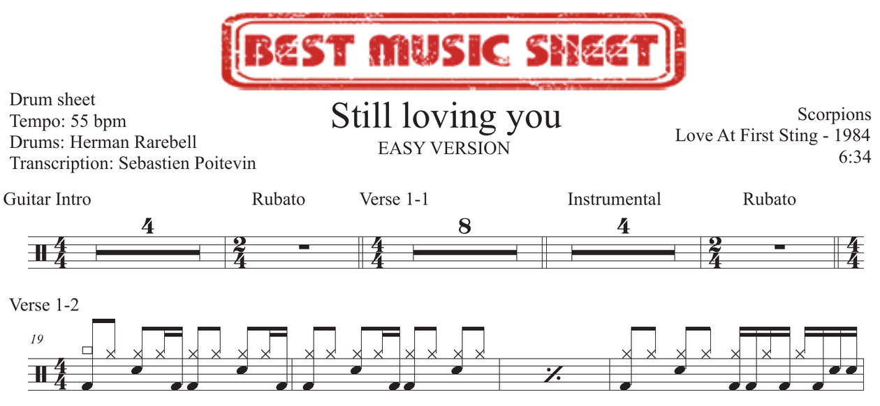 Sample drum sheet easy EN of Still Loving You by Scorpions