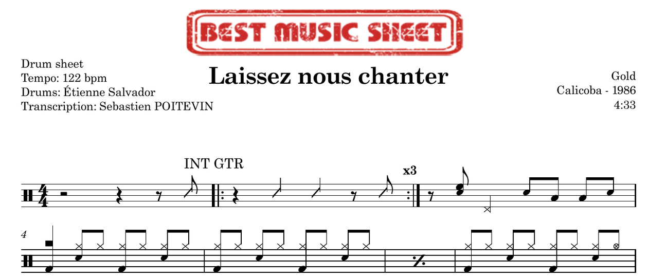 Sample drum sheet EN of Laissez nous chanter by Gold