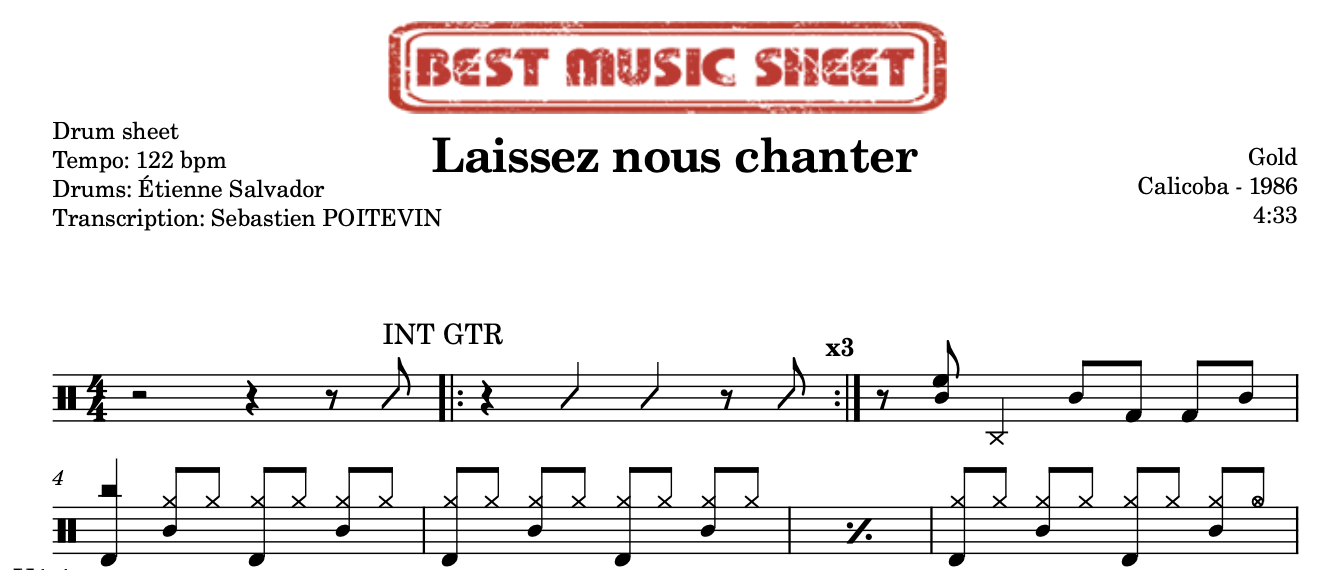 Sample drum sheet of Laissez nous chanter by Gold
