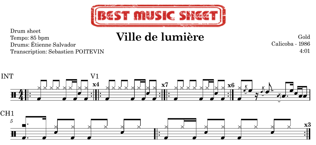 Sample drum sheet EN of Ville de Lumière by Gold