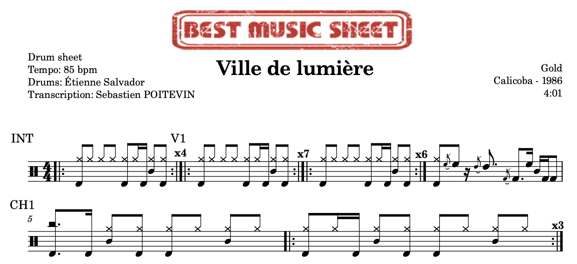 Sample drum sheet of Ville de Lumière by Gold