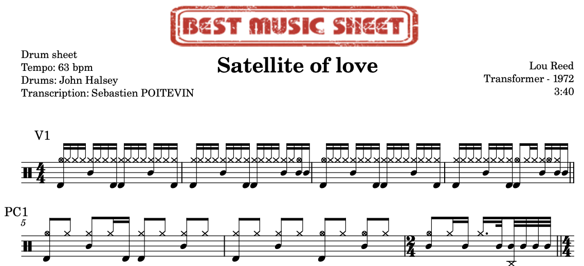 Sample drum sheet of Satellite of Love by Lou Reed