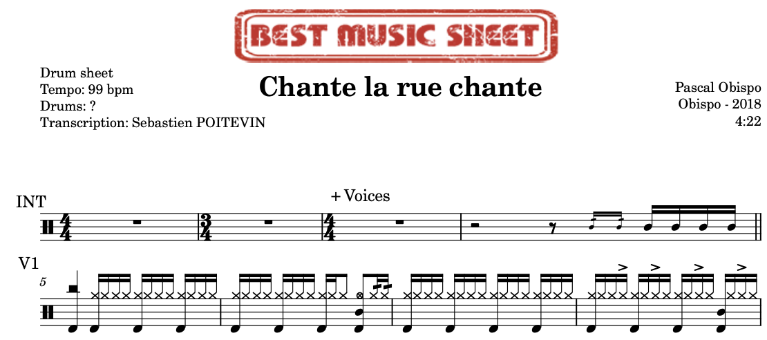 Sample drum sheet of Chante la rue chante by Pascal Obispo