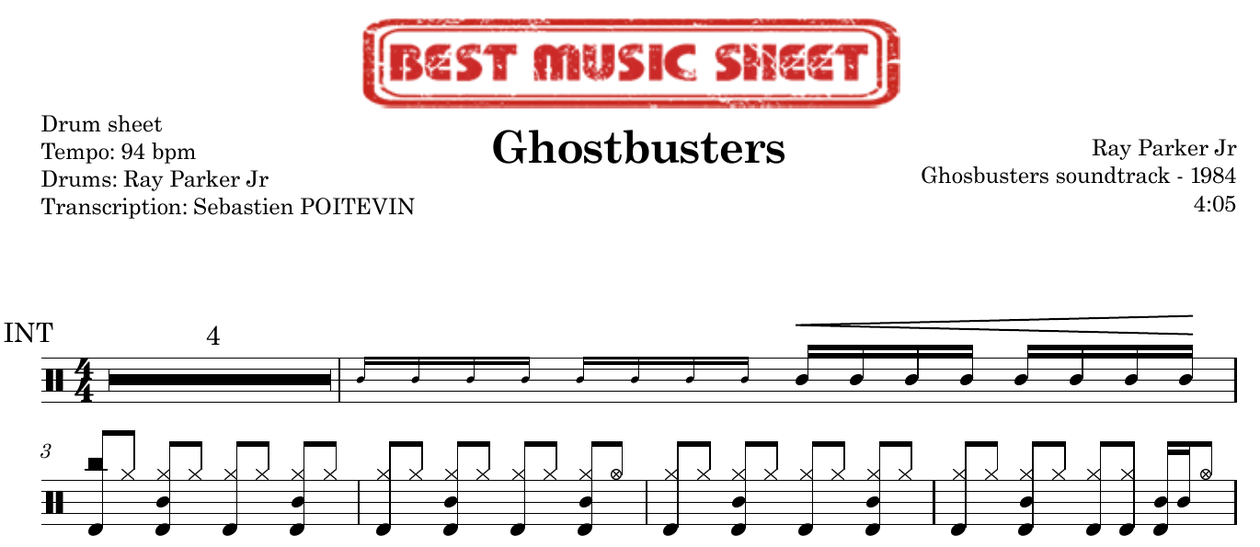 Sample drum sheet FR of Ghostbusters by Ray Parker Jr