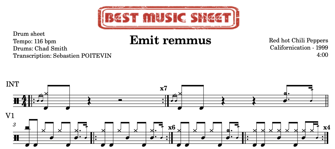 Sample drum sheet of Emit Remmus by Red Hot Chili Peppers
