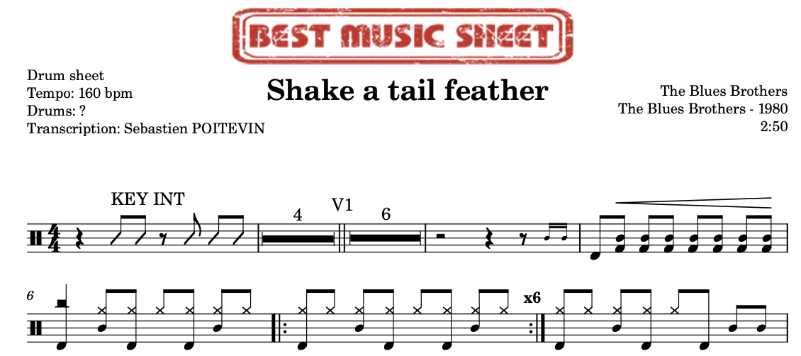 Sample drum sheet of Shake a tail feather by The Blues Brothers