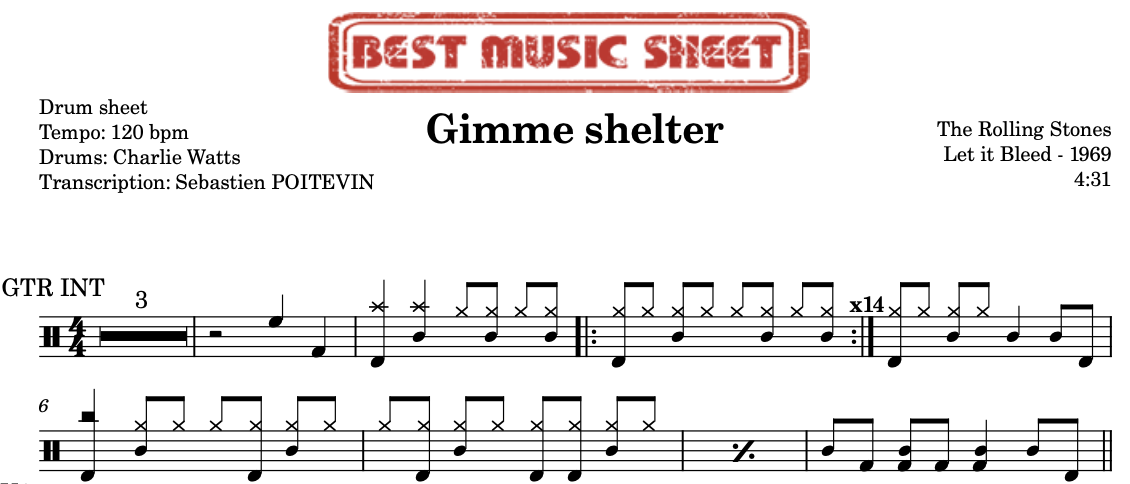 Sample drum sheet of Gimme shelter by The Rolling Stones